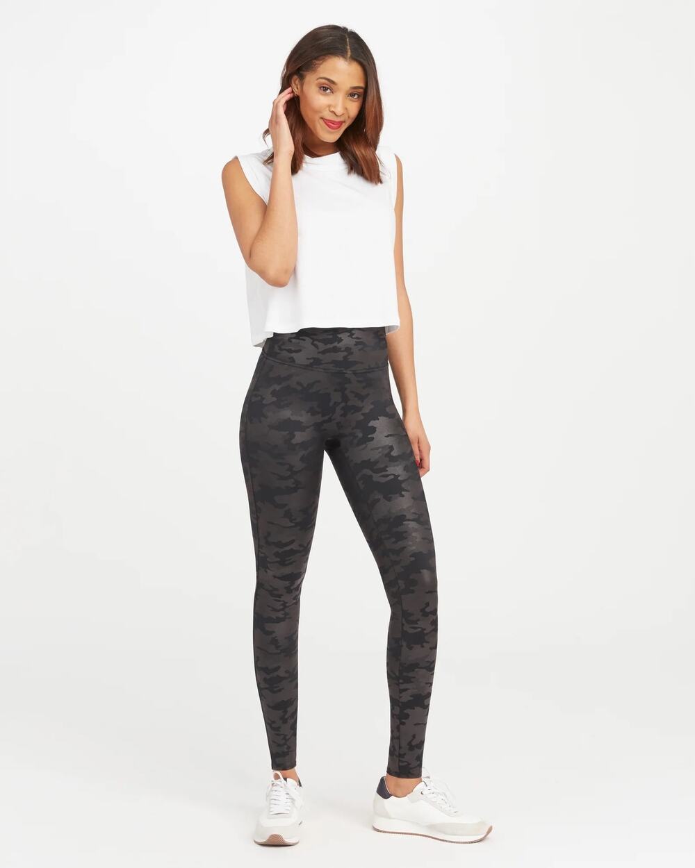 Spanx Faux Leather Matte Black Camo Leggings Athletic Athleisure Size S